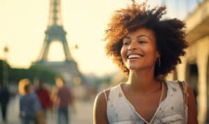 Mulher negra feliz viaja em Paris, mulher alegre perto da Torre Eiffel, viagem para a Europa, famoso local turístico popular no mundo.